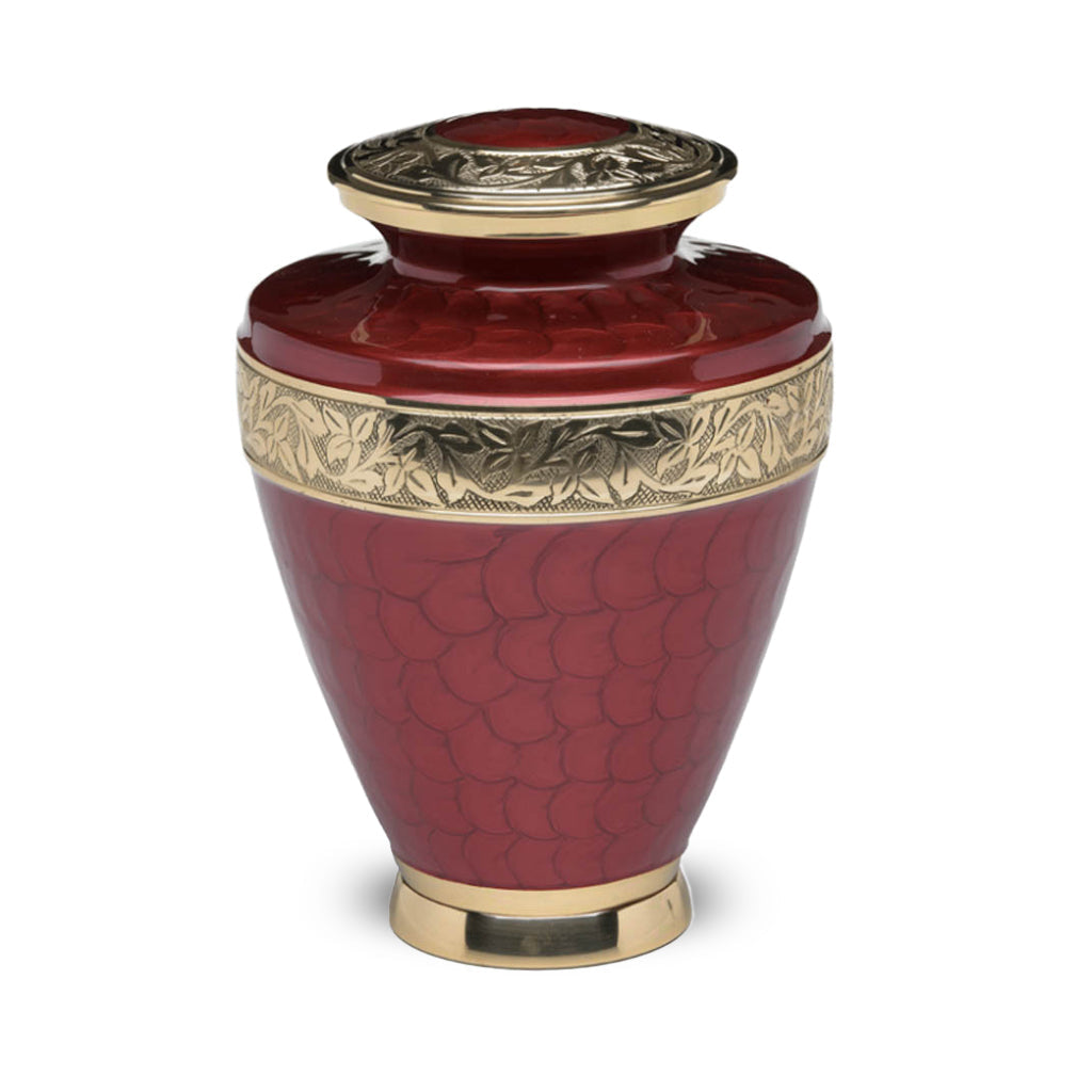 ADULT Brass Urn -1964- Enamel Overlay - Gold-tone bands Red