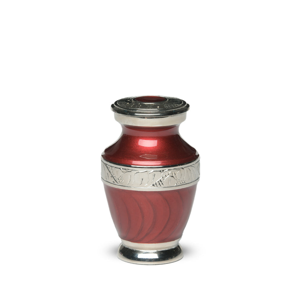 KEEPSAKE Brass Urn -1964- Enamel Overlay- Silver-tone bands Red