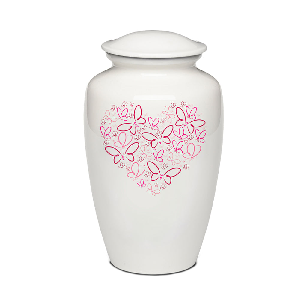 ADULT - Powder Coated Alloy Urn -4123- Heart with Butterflies Pink