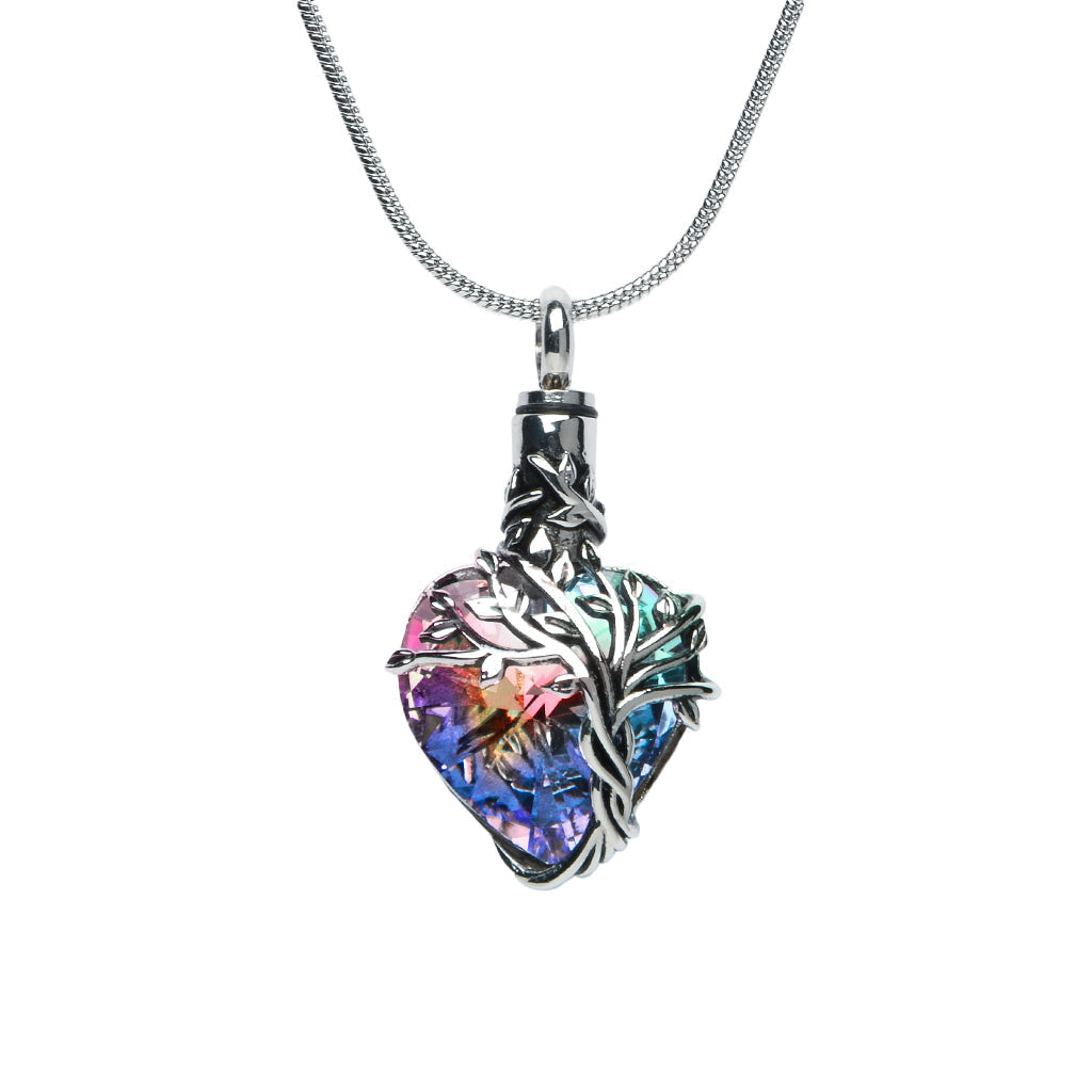 J-2505- Iridescent Cut Glass Heart With Tree Of Life- Pendant Chain Rainbow