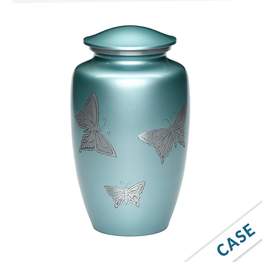 ADULT -Classic Alloy Urn -2415– with engraved BUTTERFLIES - Case of 4 Teal