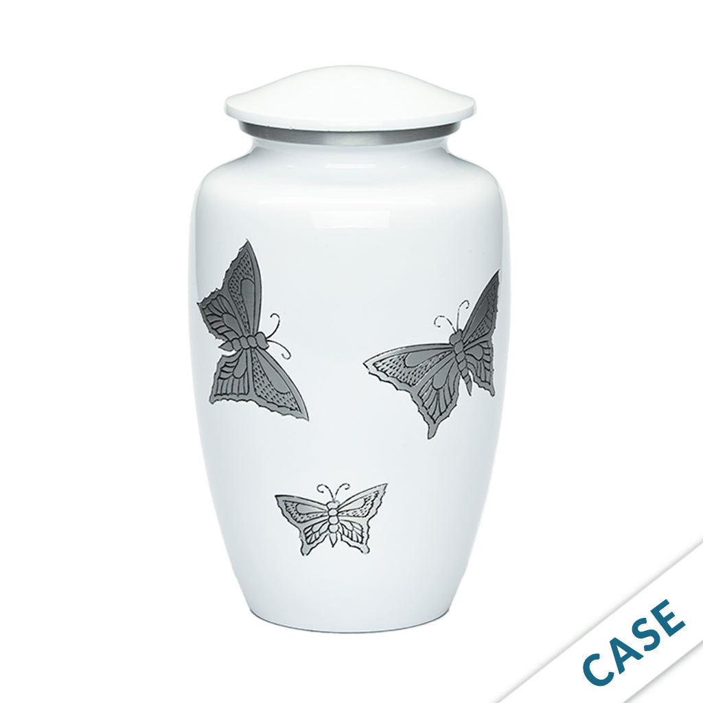 ADULT -Classic Alloy Urn -2415– with engraved BUTTERFLIES - Case of 4 White