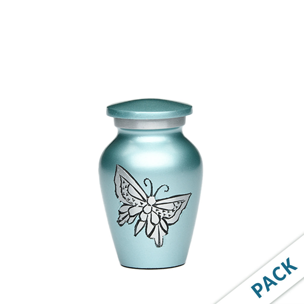 KEEPSAKE -Classic Alloy Urn -2415– with engraved BUTTERFLIES - Pack of 10 Teal