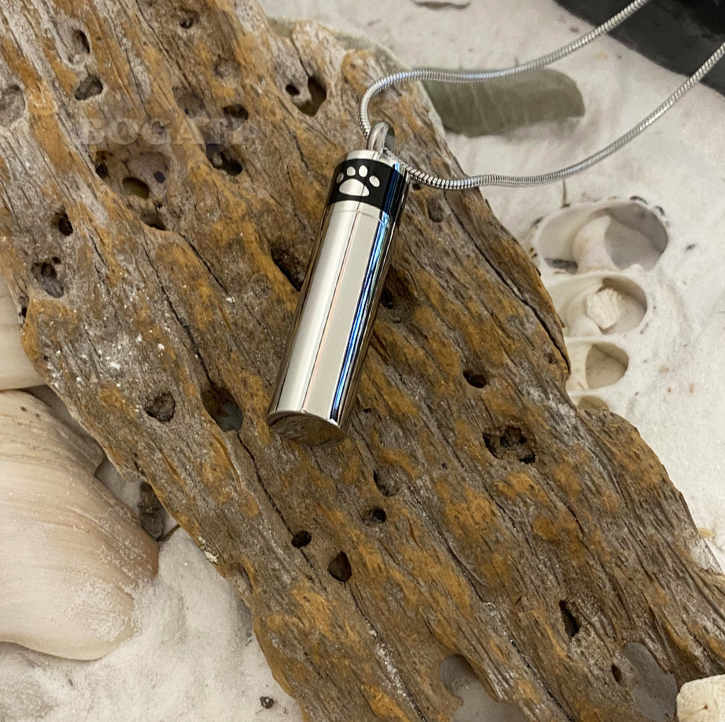 Banded Paw Print Cylinder - Silver-tone -Cremation Pendant