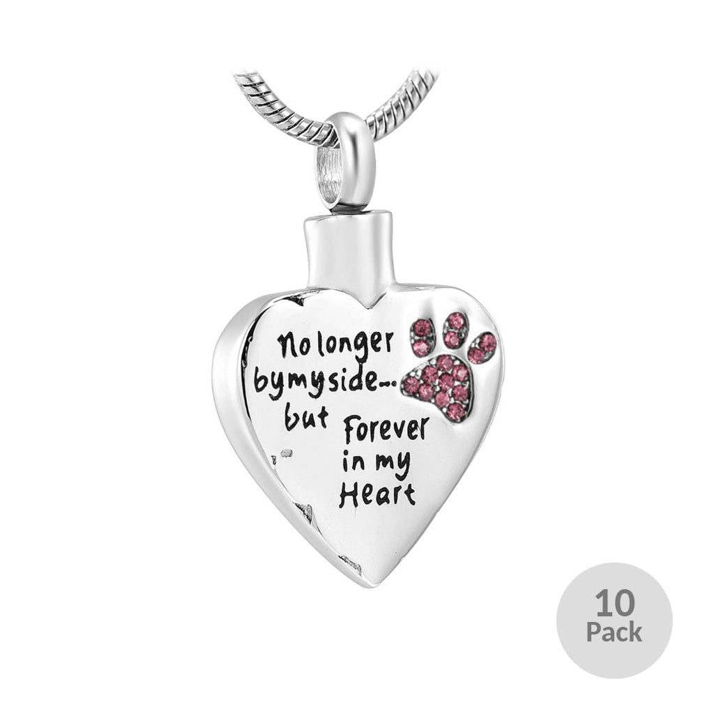 J-325 Paw Print Heart - "No longer by my side..."- Pendant with Chain - Pack of 10 - Pink