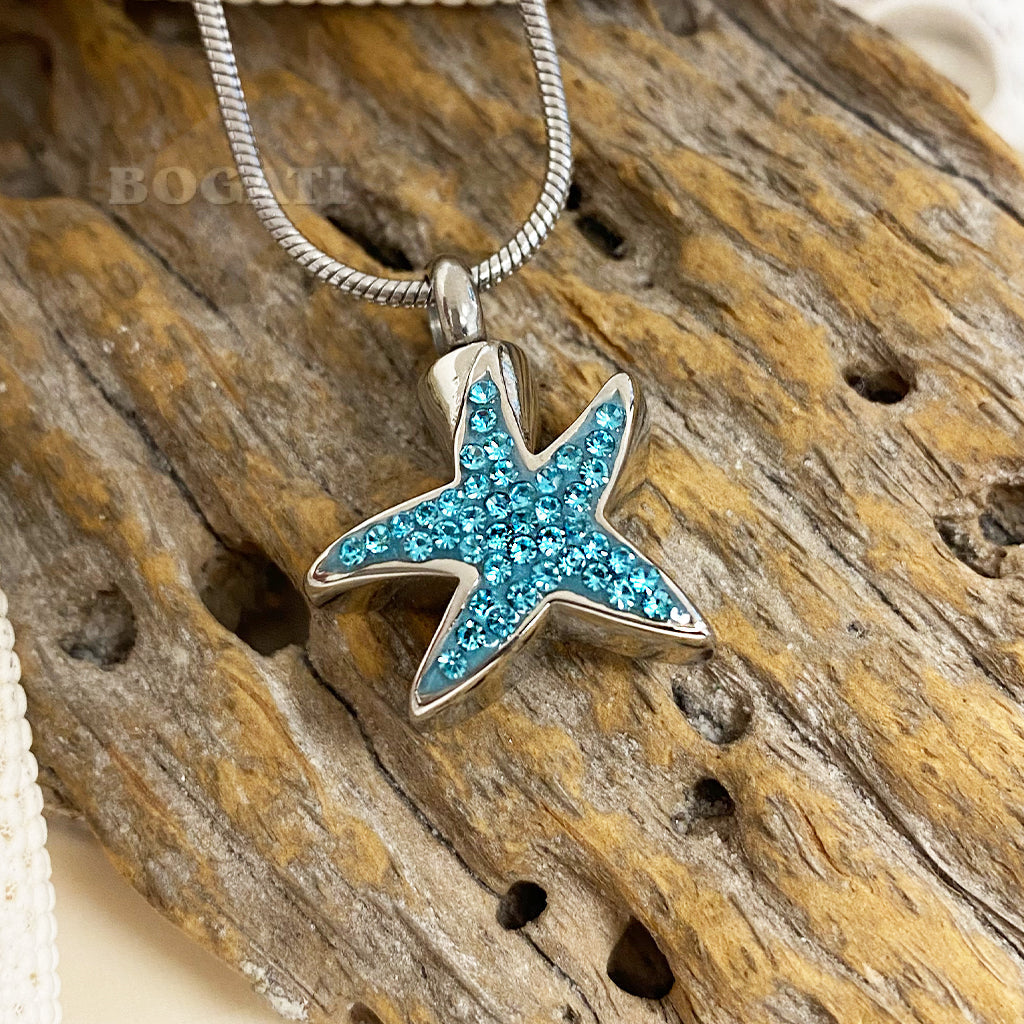 CLEARANCE- J-592 - Silver-tone Starfish with Blue enamel and rhinestones - Pendant with Chain