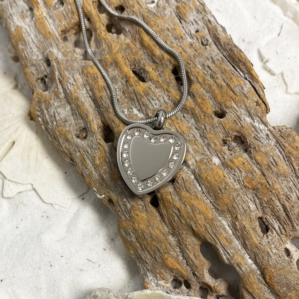 J-764- Silver Heart with Rhinestones – Pendant with Chain - Pack of 10
