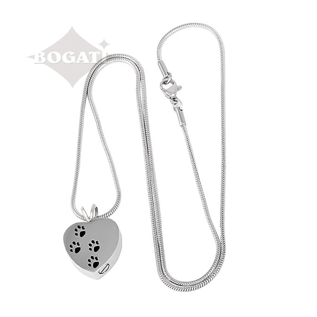 J-004 - Four Paw Print Heart- Silver-tone - Pendant with Chain - Pack of 10