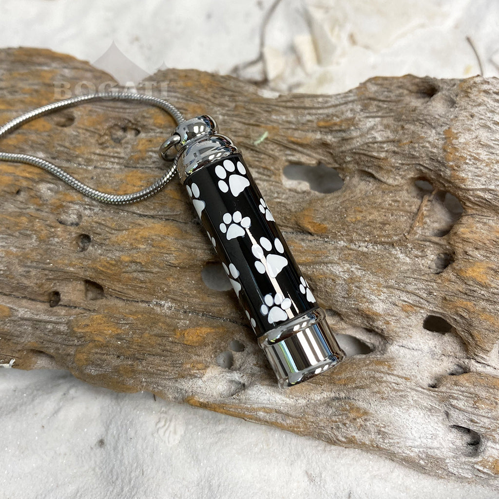 J-076 - Black Banded Cylinder with White Paw Prints - Pendant with Chain