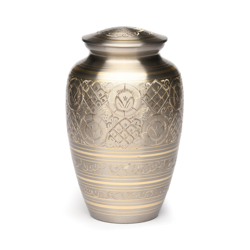 ADULT -1575- Brass Urn - Hand Etched - Platinum & Gold