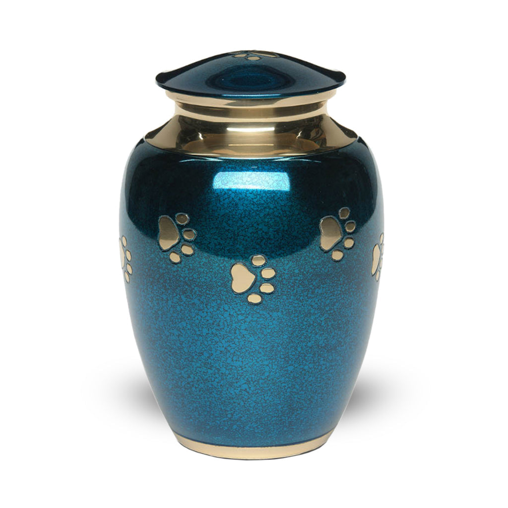 LARGE Brass Pet Urn - "Forever Paw" Blue-Gold