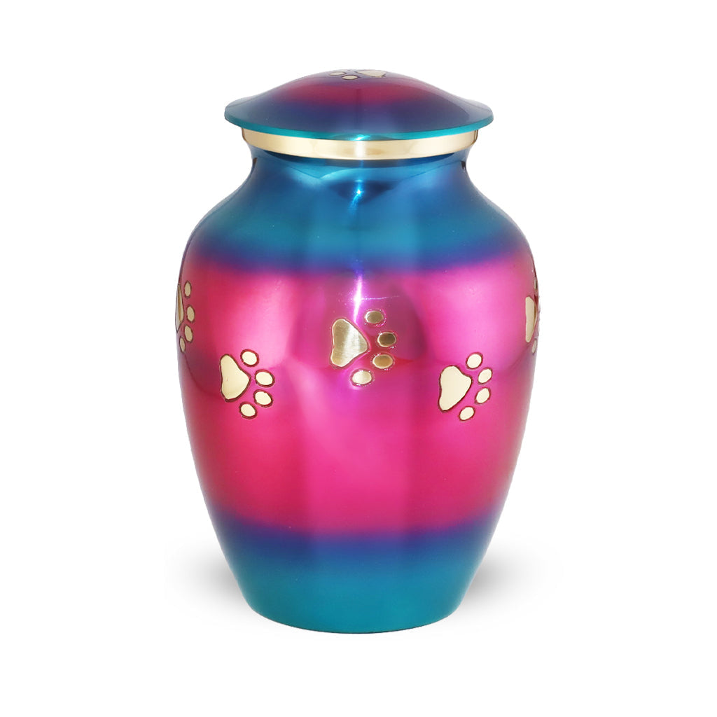 LARGE Brass Pet Urn - "Forever Paw" Rainbow Pink