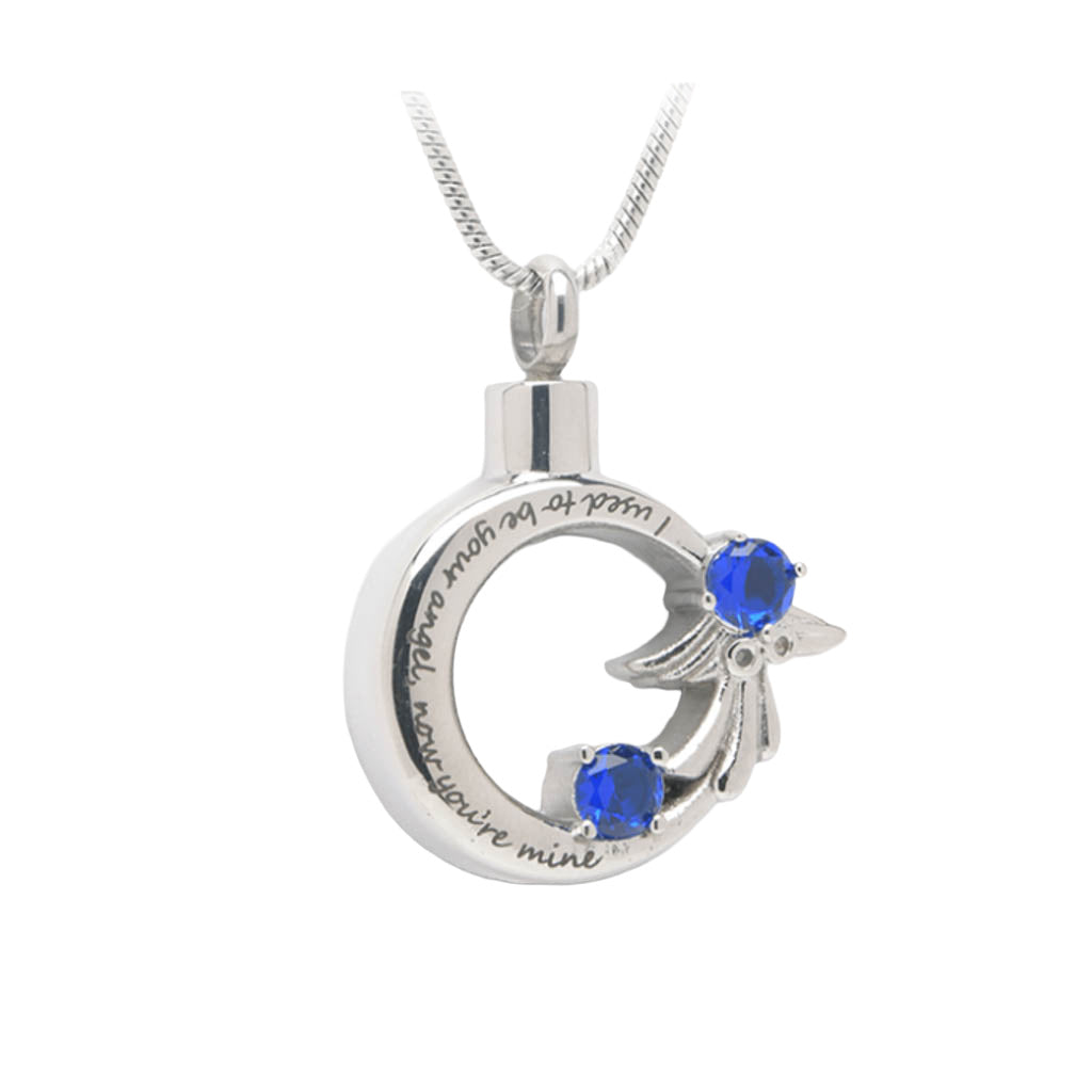 CLEARANCE - J-1945 - Angel Wreath Crystal Stones with Message - Pendant with Chain Blue