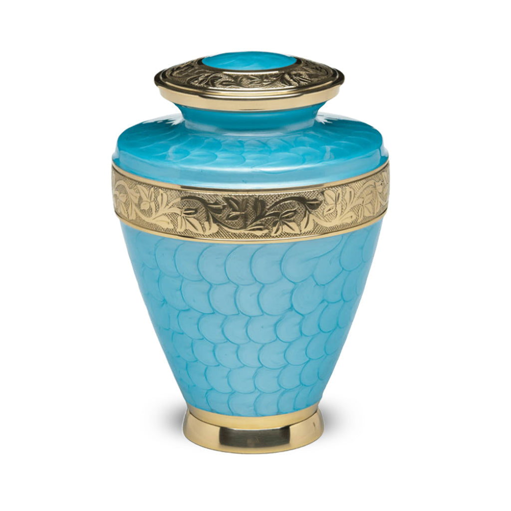 ADULT Brass Urn -1964- Enamel Overlay - Gold-tone bands Blue