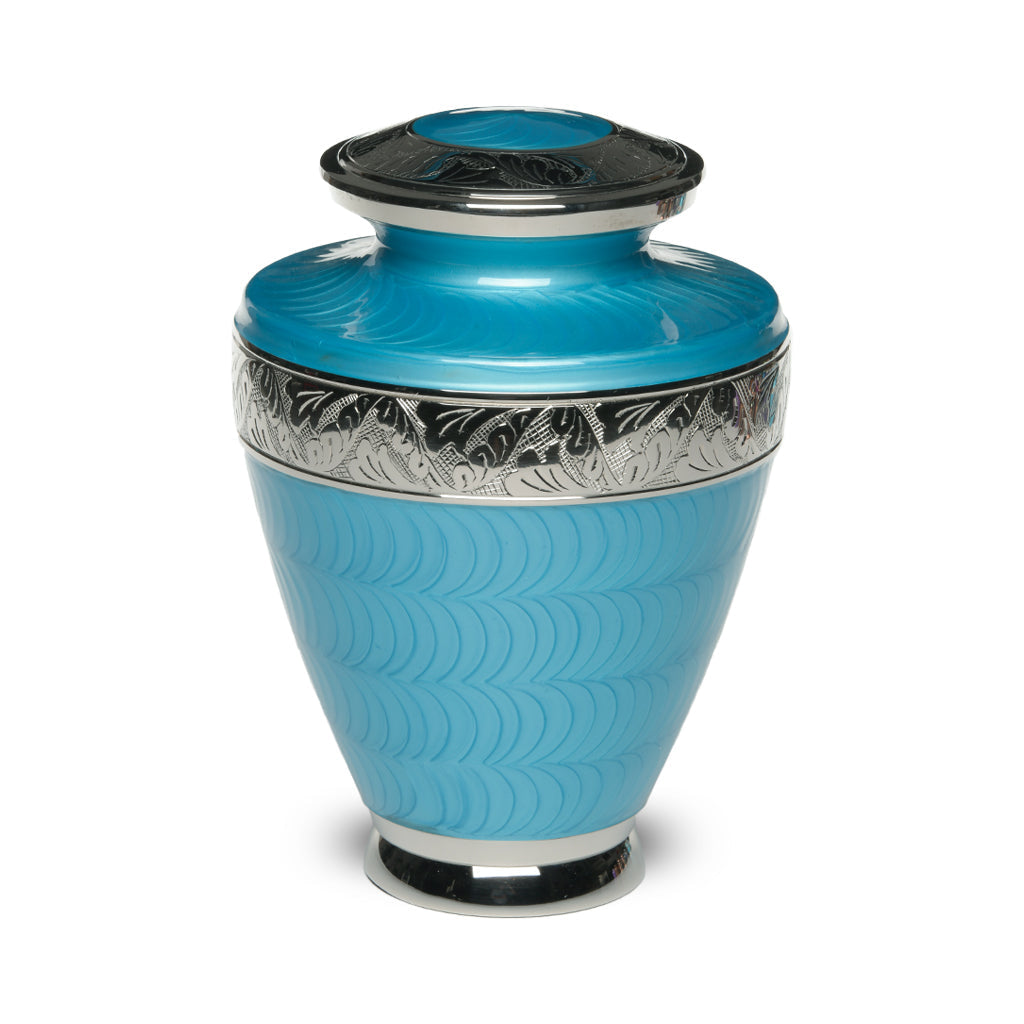 ADULT Brass Urn -1964- Enamel Overlay - Silver-tone bands Turquoise