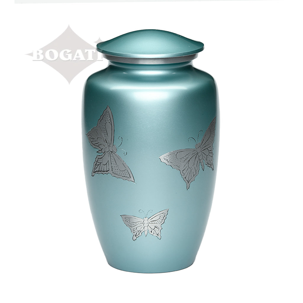 ADULT -Classic Alloy Urn -2415– with engraved BUTTERFLIES Teal