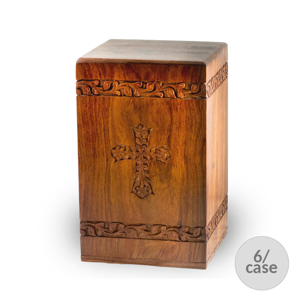 IMPERFECT SELECTION - ADULT - Rosewood Tower Urn -2733- Hand-Carved Cross Design - Case of 6