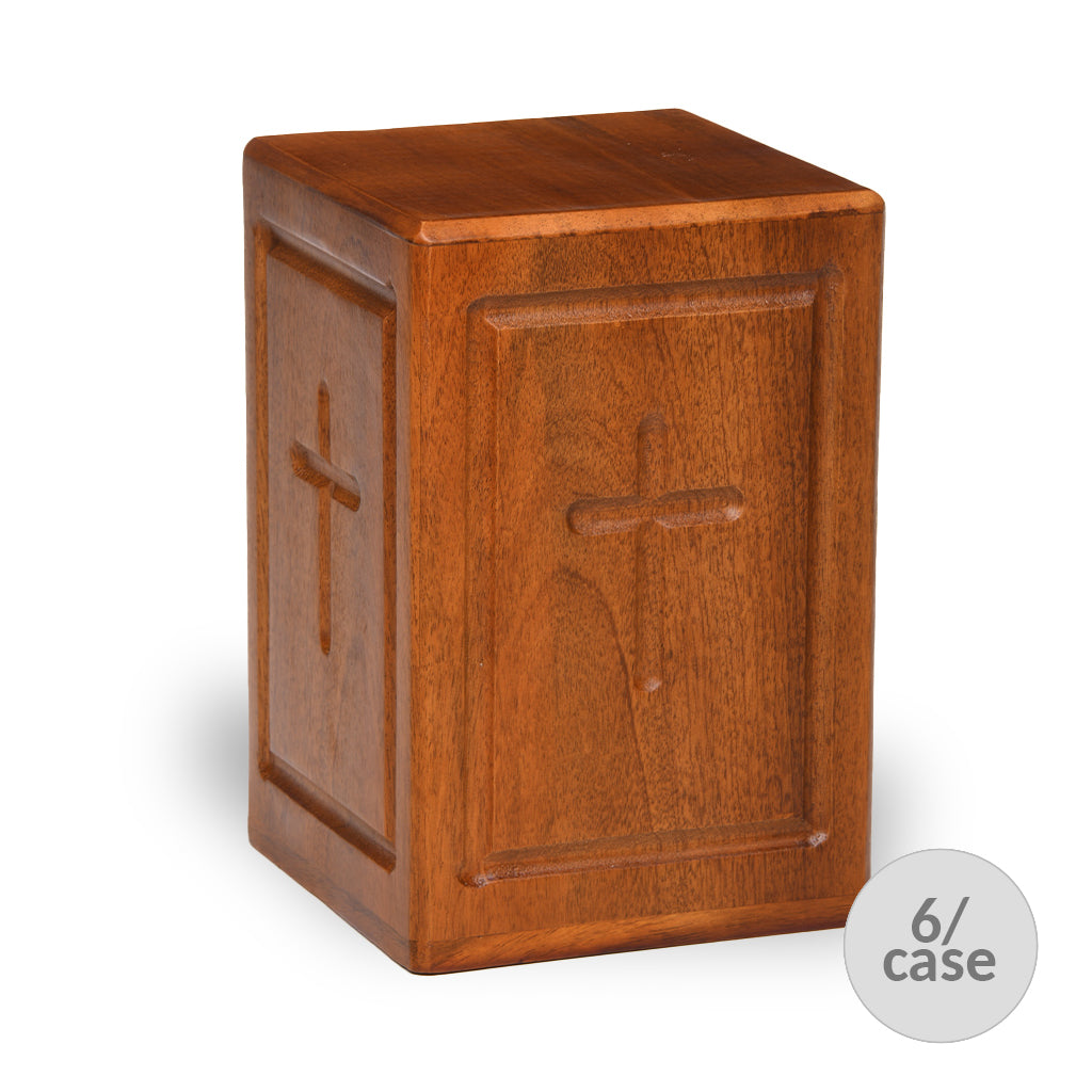 ADULT - Mango Wood -2833- Rustic Tower Urn - Border and Cross - Case of 6