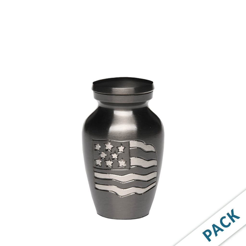 KEEPSAKE-Alloy Urn -5-5000– GUN METAL with AMERICAN FLAG - Pack of 10
