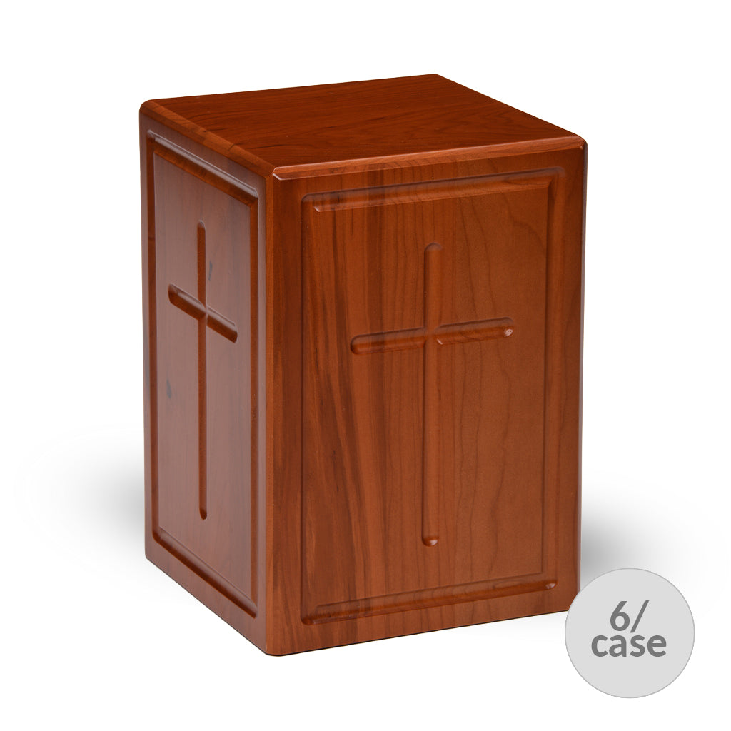 ADULT - Cherry Wood Tower Urn -AW03- Border and Cross - Case of 6