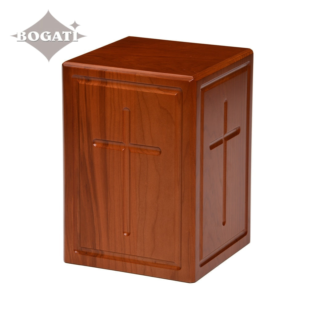 ADULT - Cherry Wood Tower Urn -AW03- Border and Cross - Case of 6