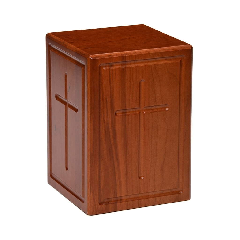 ADULT - Cherry Wood Tower Urn -AW03- Border and Cross - Case of 6