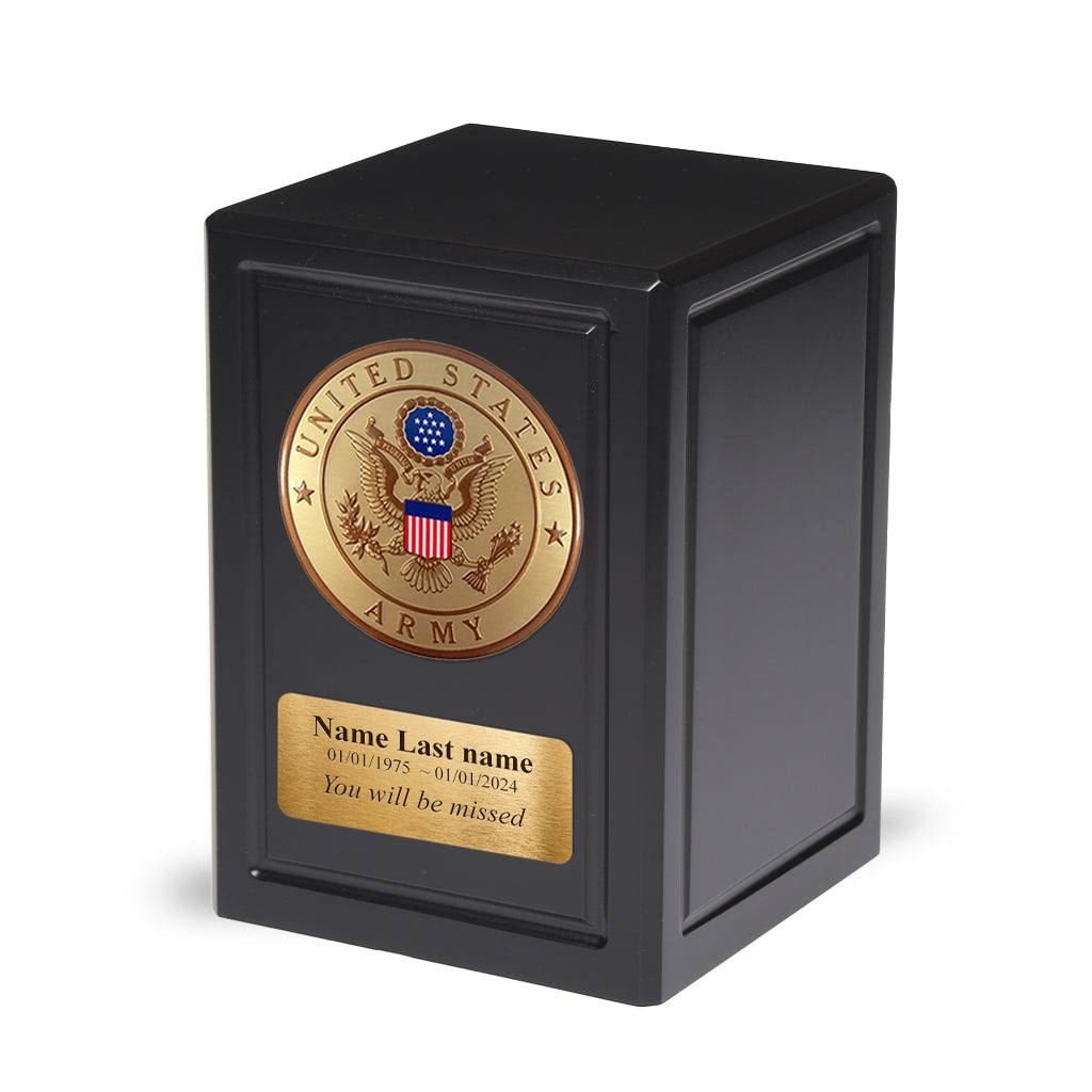 ADULT - Basswood Urn -AW04- Black with Military Emblem and Optional Plate Army