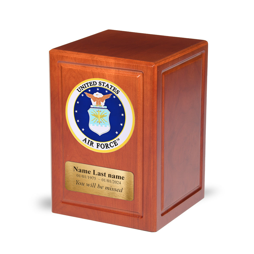 ADULT - Basswood Urn -AW04- Cherry with Military Emblem and Optional Plate Air Force