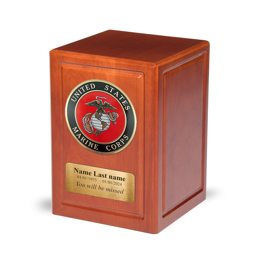 ADULT - Basswood Urn -AW04- Cherry with Military Emblem and Optional Plate Marine Corps