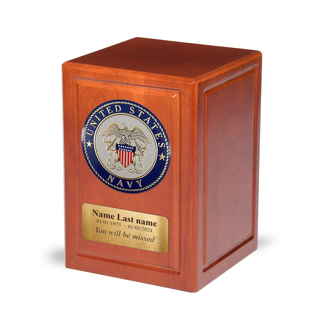 ADULT - Basswood Urn -AW04- Cherry with Military Emblem and Optional Plate Navy