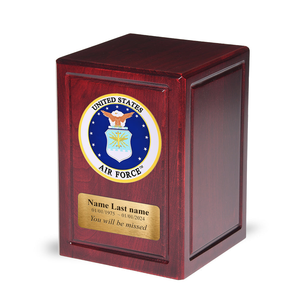 ADULT - Basswood Urn -AW04- Dark Cherry with Military Emblem and Optional Plate Air Force