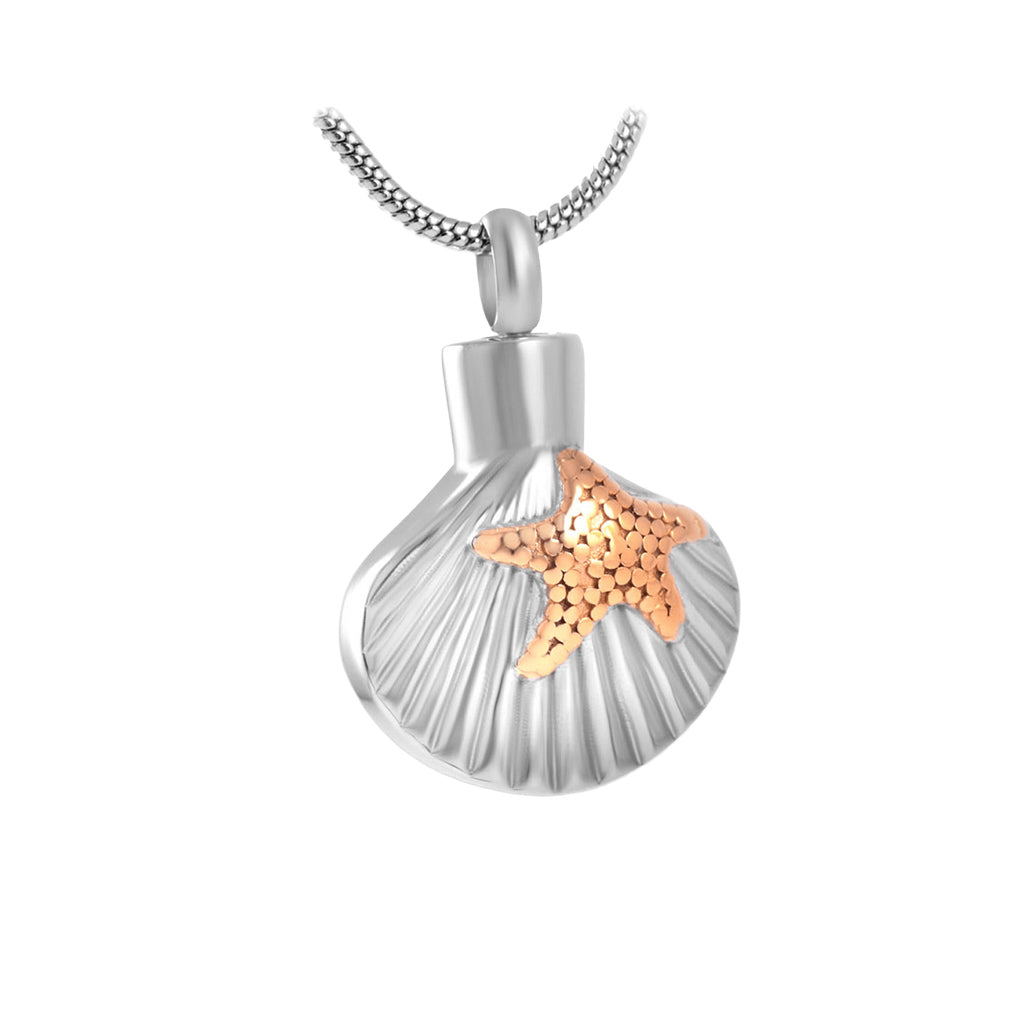 J-002 - Scallop Shell with Starfish - Silver and Gold-tones - Pendant with Chain