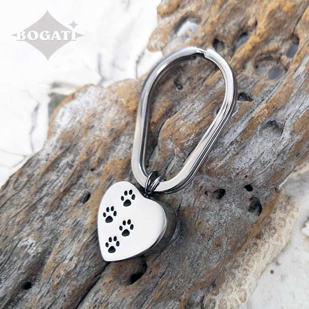 J 004 Four Paw Print Heart Silver tone Keychain