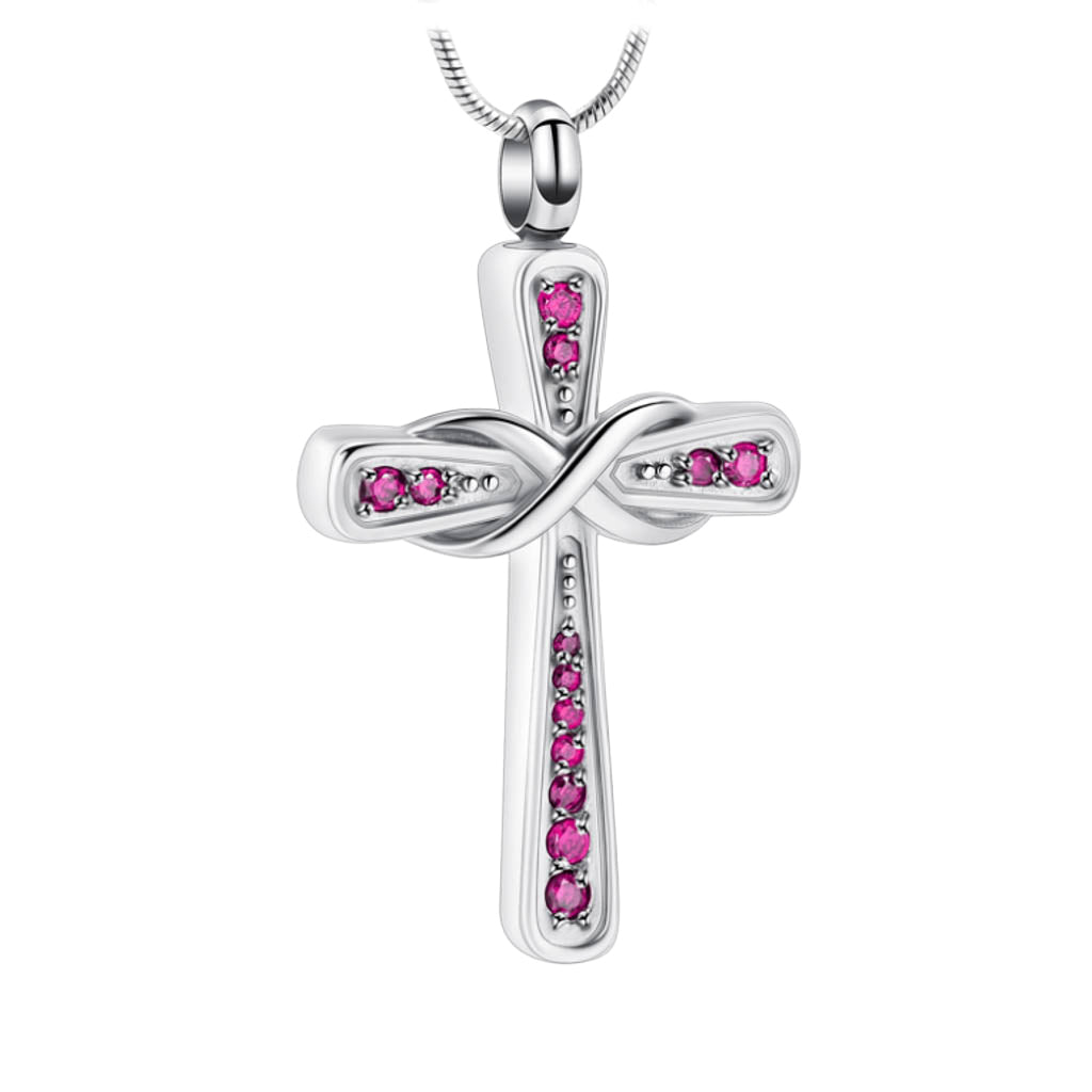 J-014 Infinity Cross with Rhinestones - Pendant with Chain Pink