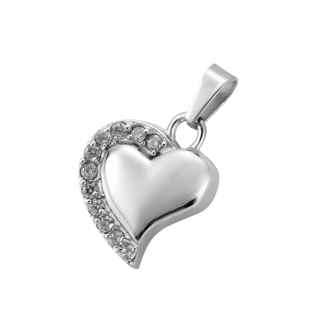 J-077 - Curved Silver Heart with Crystal Stones - Pendant with Chain Clear