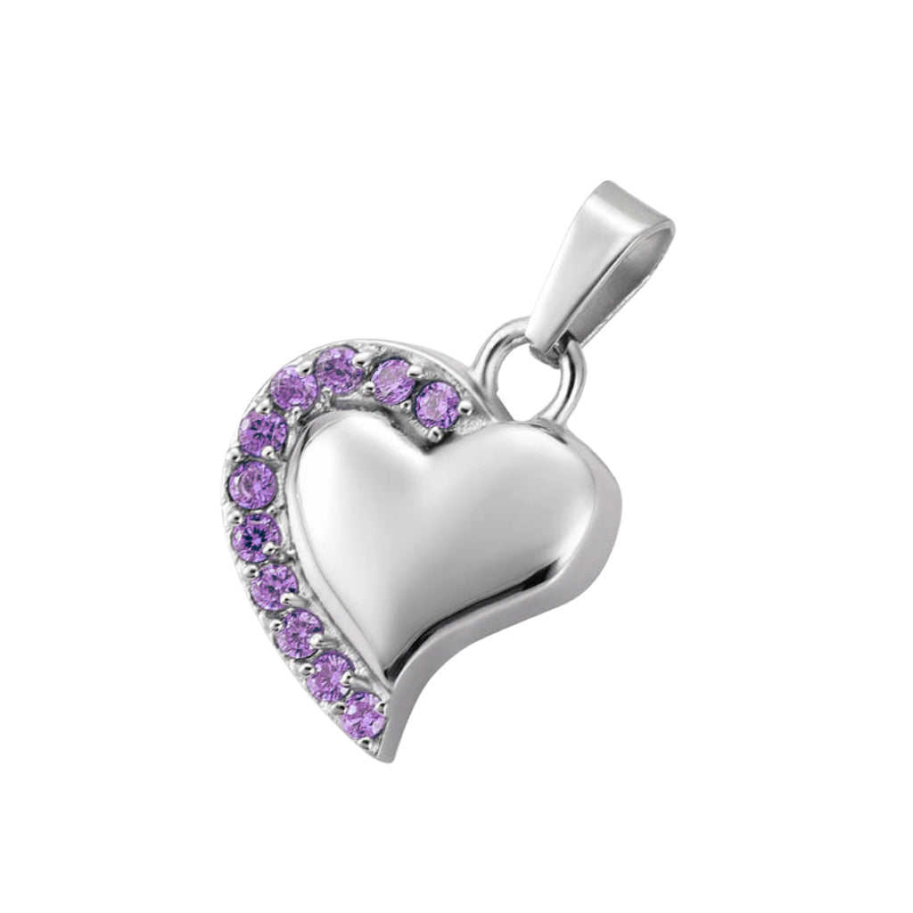 J-077 - Curved Silver Heart with Crystal Stones - Pendant with Chain Purple