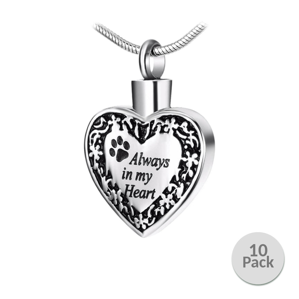J-084 - Banded Heart with Paw Print “Always in my Heart” - Silver-tone - Pendant with Chain -Pack of 10