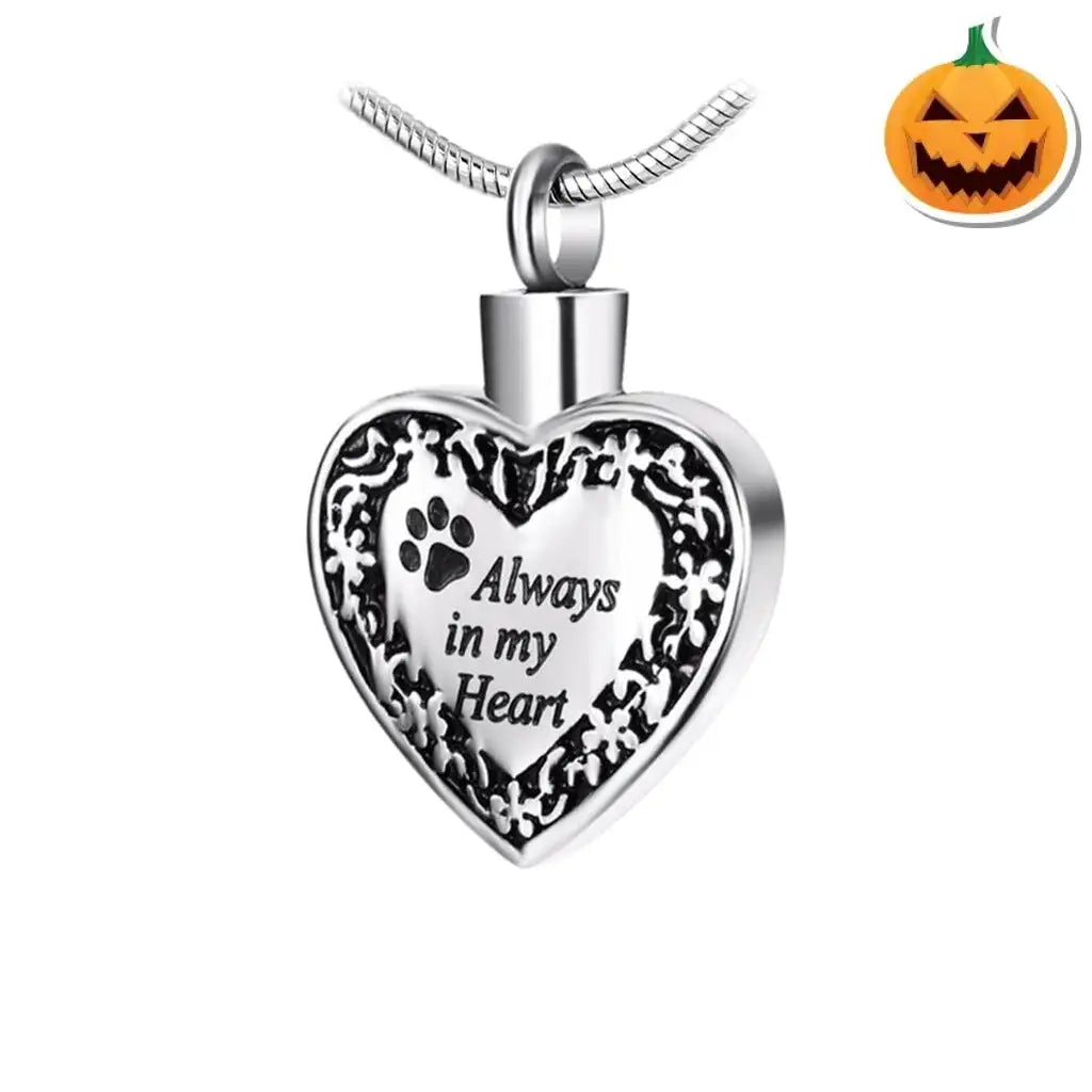J-084 - Banded Heart With Paw Print Always In My Silver-Tone Pendant Chain