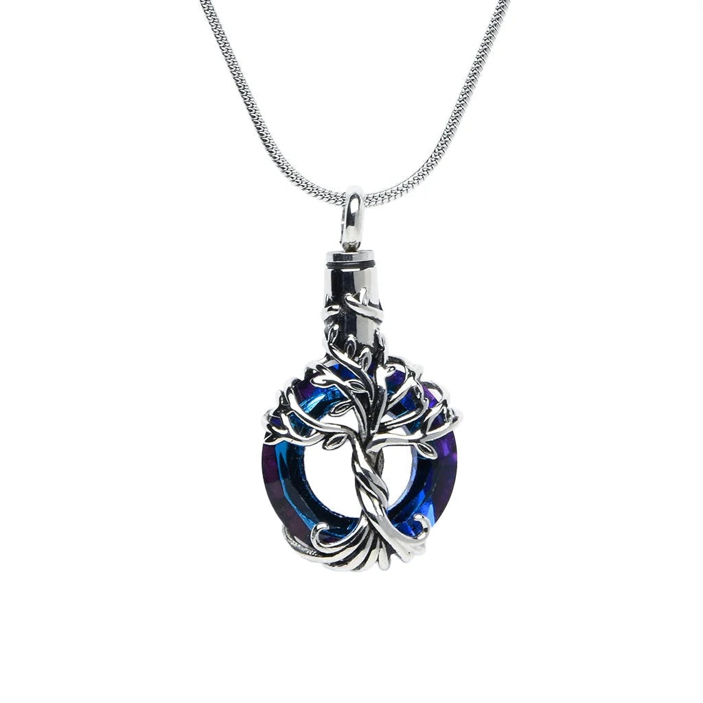 J-2510 - Iridescent Cut Glass Circle with Tree of Life - Pendant with Chain Dark Blue-Purple