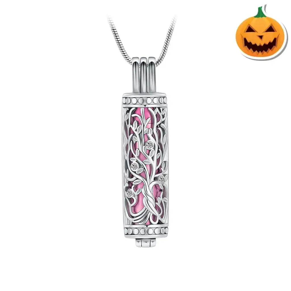 J-2070 - Ornate Cylinder Vines And Flowers Pendant With Chain Pink