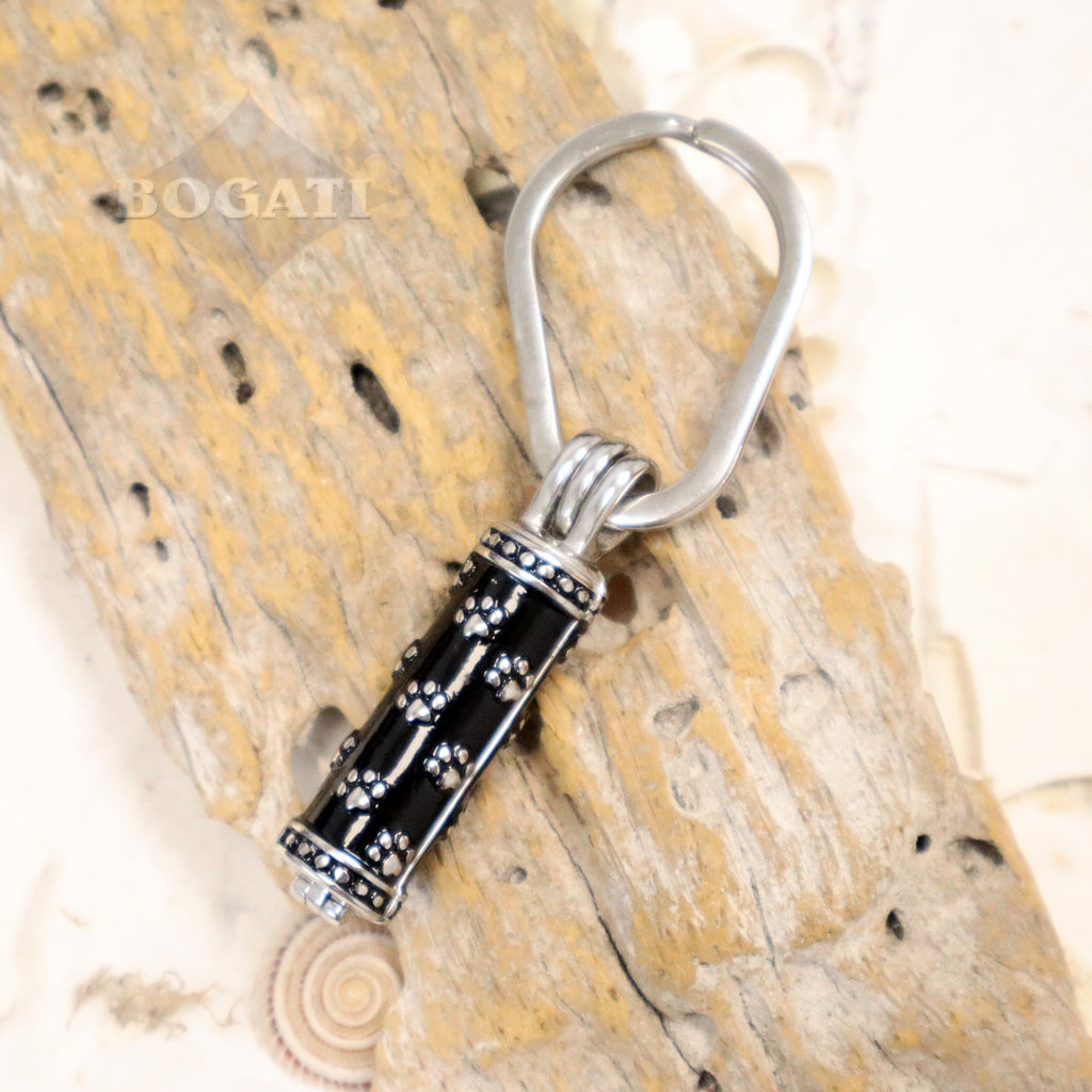 J-209 - Paw Cylinder- Silver Tone & Black - Memorial Keychain