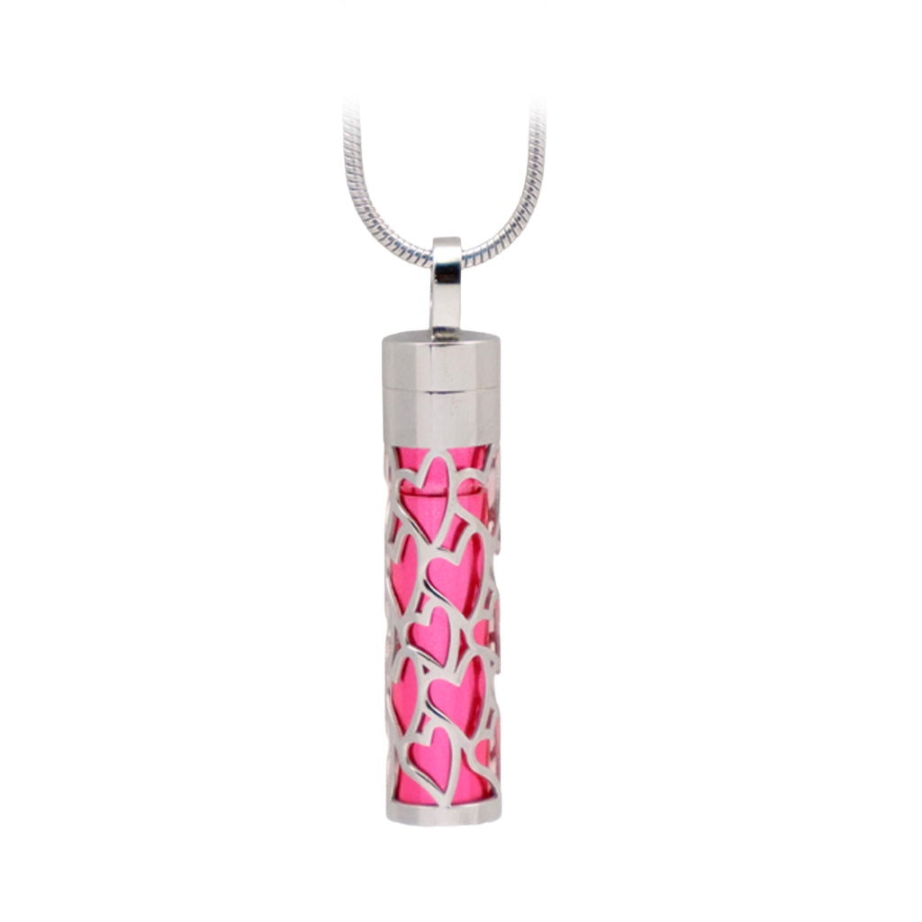 J-2090- Silver Carved Heart Cylinder - Pendant with Chain Pink
