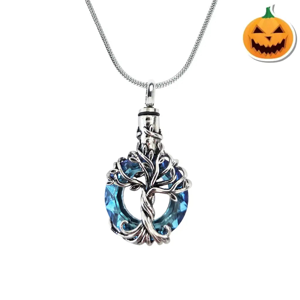 J 2510 Iridescent Cut Glass Circle with Tree of Life Pendant with Chain Dark Blue Lt Blue