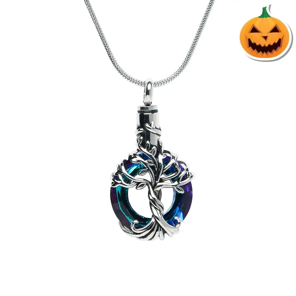 J-2510 - Iridescent Cut Glass Blue-Green Circle with Tree of Life - Pendant with Chain