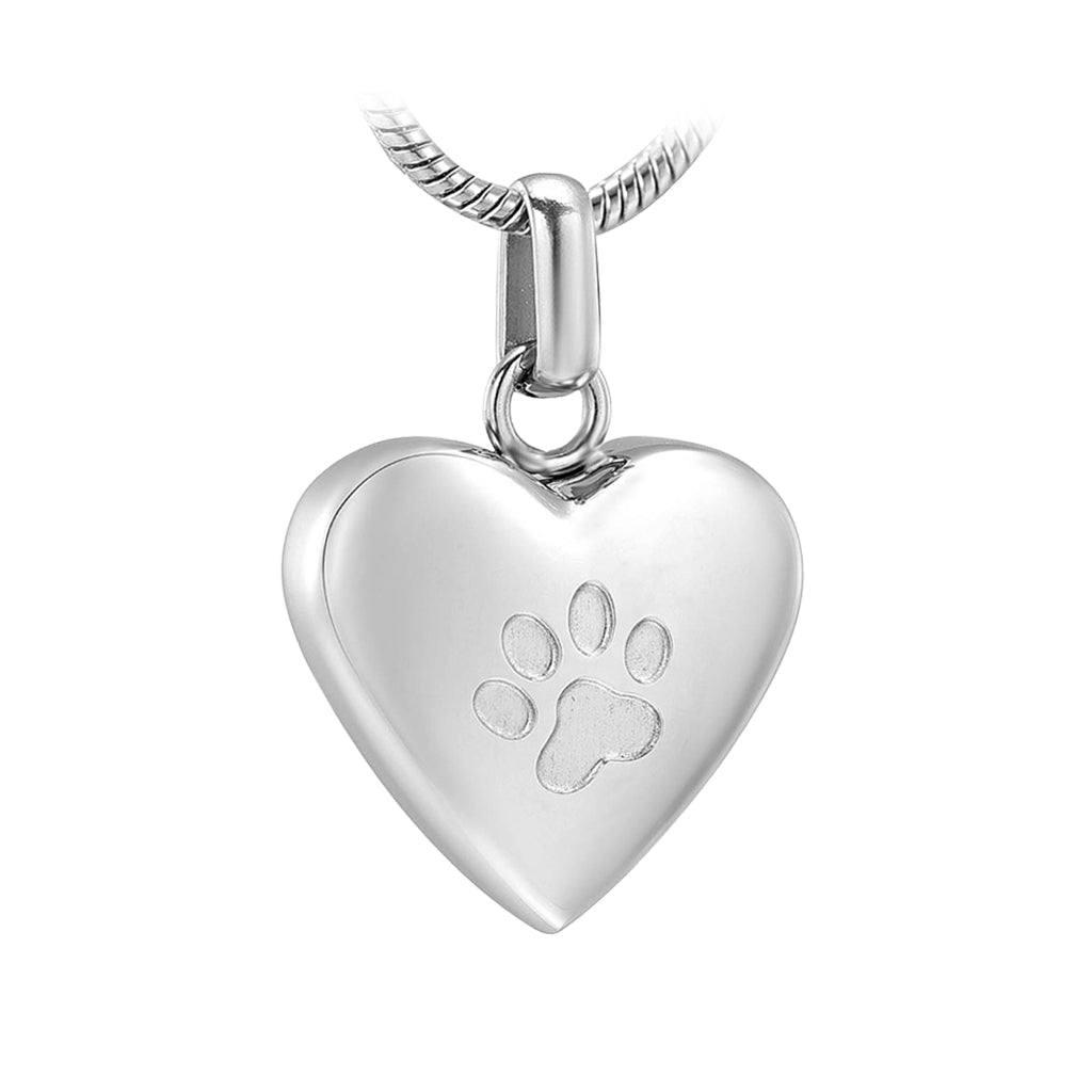 J-455 - Etched Paw Print Heart - Silver-tone - Pendant with Chain