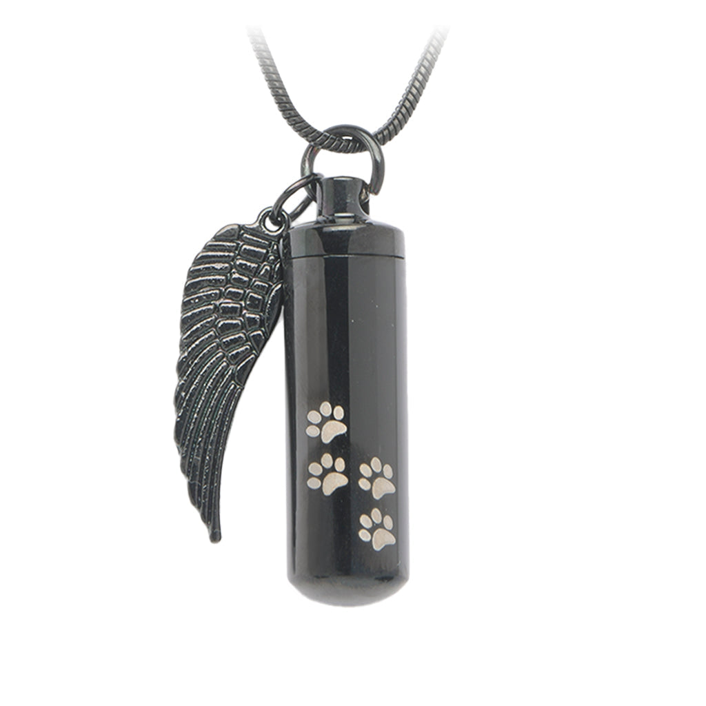 J-527 Cylinder with Paw Prints and Wing - Pendant with Chain Black