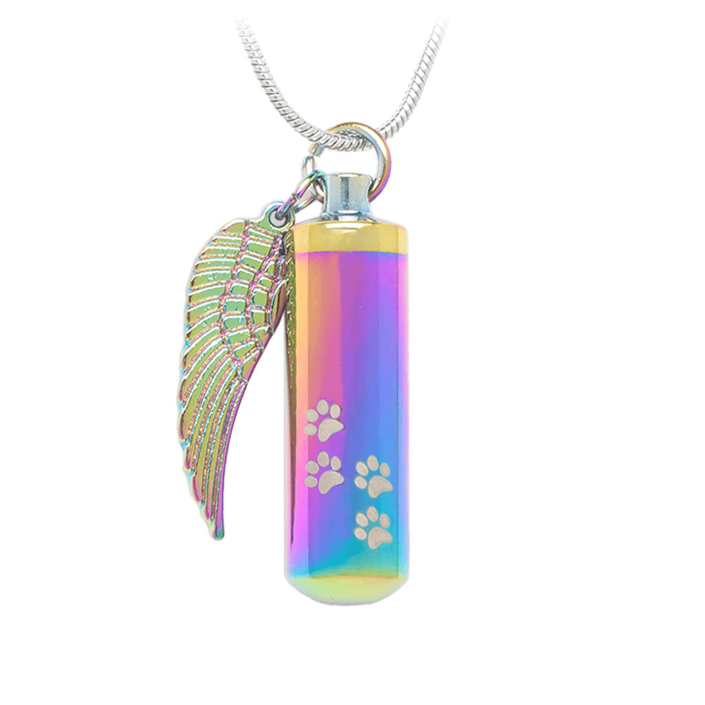 J-527 Cylinder with Paw Prints and Wing - Pendant with Chain Rainbow