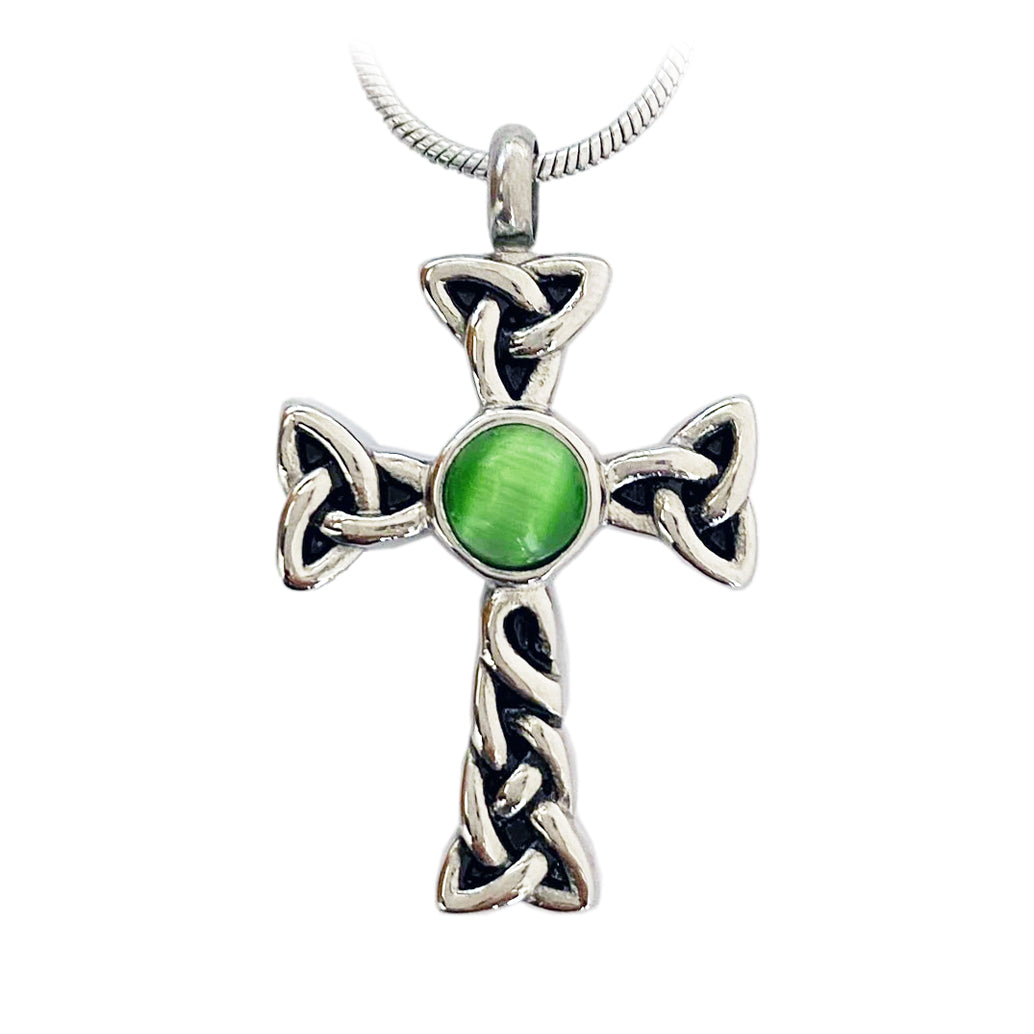 J 601 Celtic Cross with Green Stone Pendant with Chain
