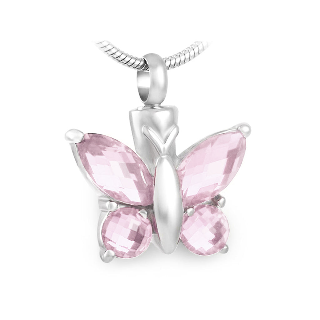 J-7948 - Cut Glass Butterfly Pendant With Chain Light Pink