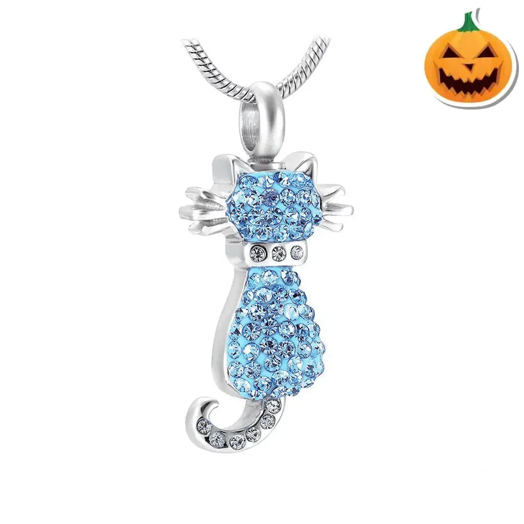 J-921 - Cat With Rhinestones Pendant Chain Blue